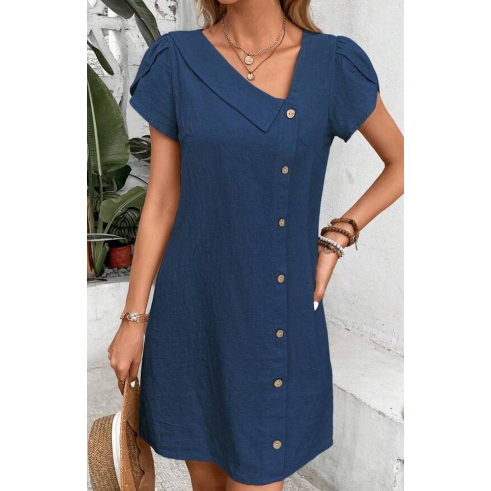 Navy Blue Shift Dress Cotton Button Front Bell Sleeves Asymmetrical Collar XL